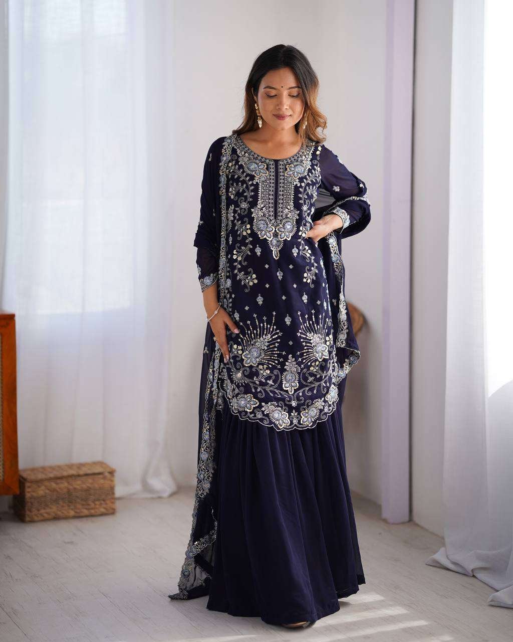 Women's Faux Georgette Sequins & Thread Work Straight Kurta With Sharara Suit and Dupatta Set