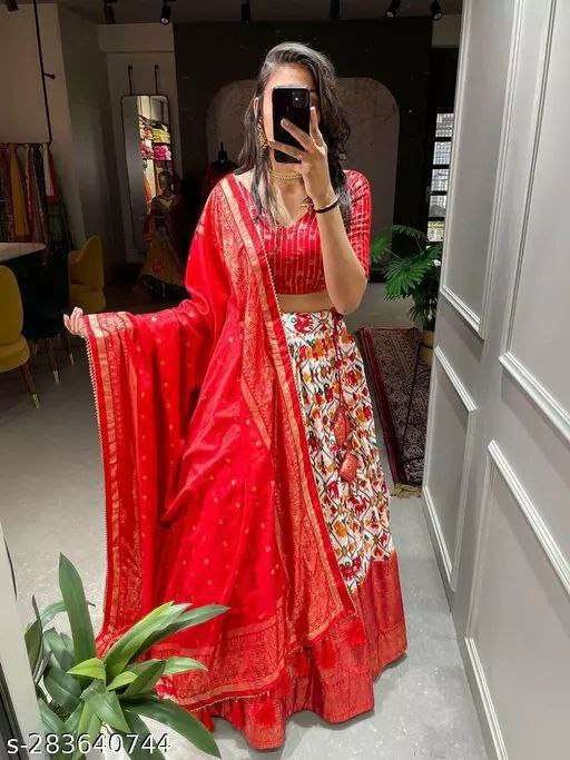Women's Tussar Silk Patola Print Lehenga Choli Dupatta Set - Image 3