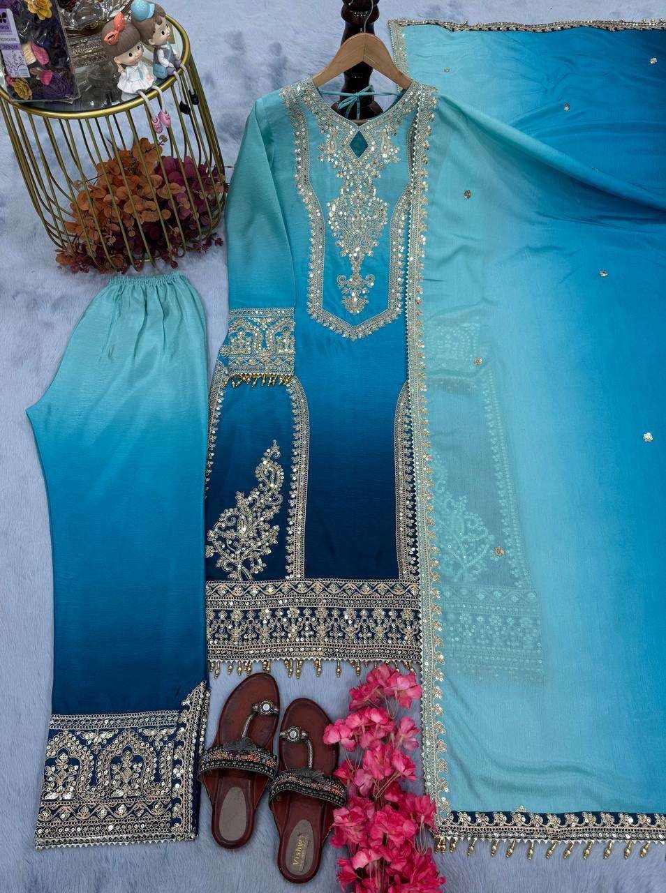 Women's Chinon Silk Embroidery Straight Pakistani Salwar Suit and Dupatta - Image 2