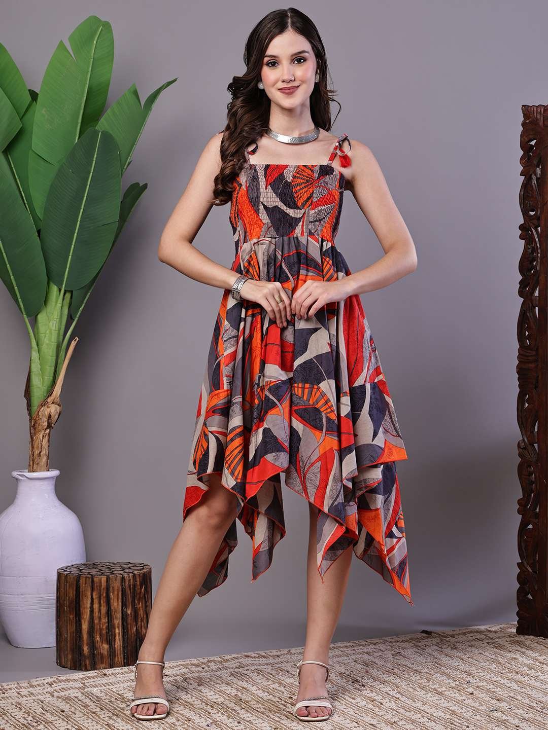 Women's Rust & Grey Abstract Print Cotton Handkerchief Hem Dress Midi Dresses